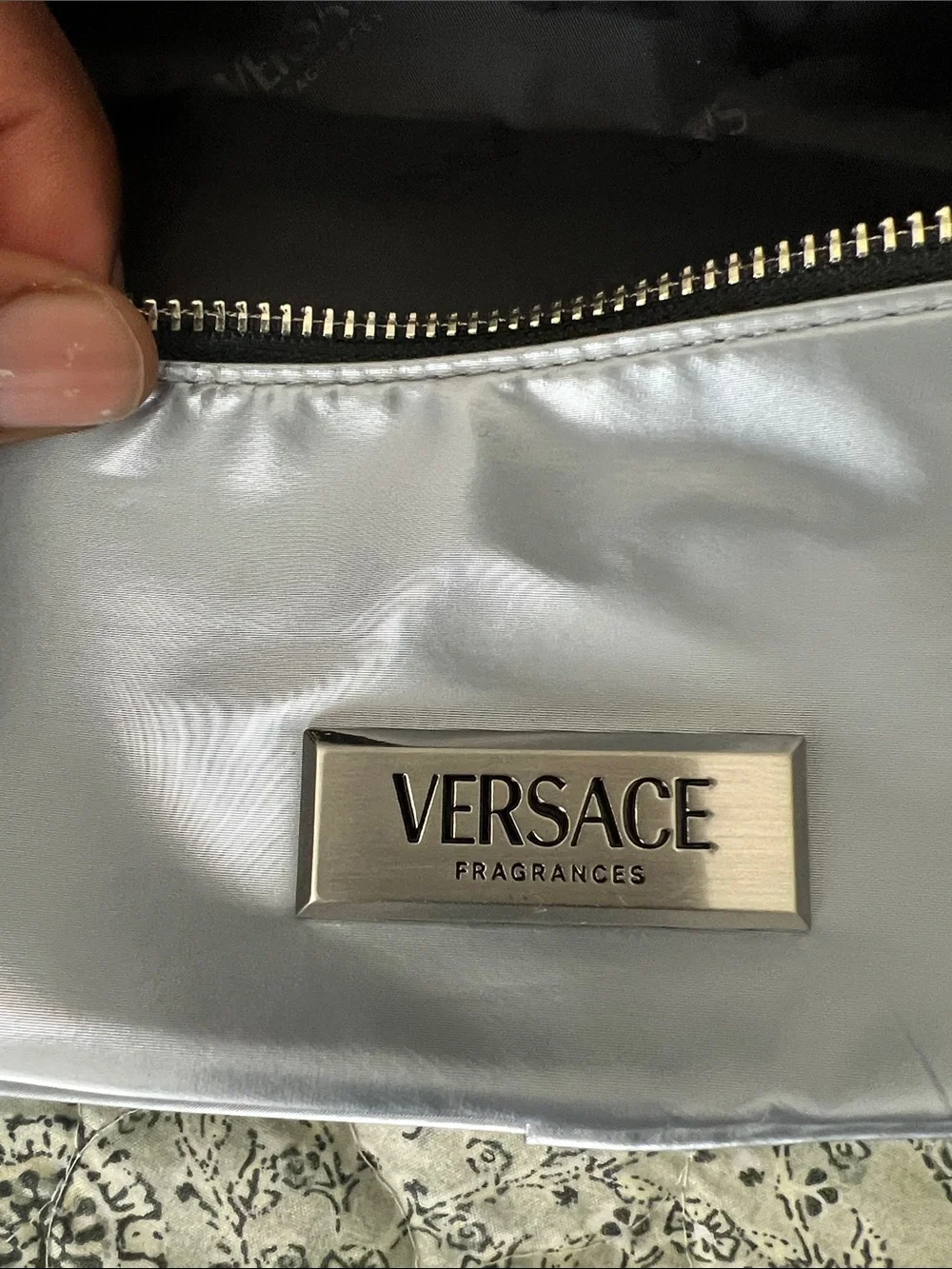 Versace Iridescent Silver Logo Belt Bag with Greek Key Strap